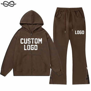 Chándales Premium con capucha y cremallera completa para hombres con pantalones acampanados Logotipo de lana 100% de moda de marca y servicio OEM con estilo - Product Image 2