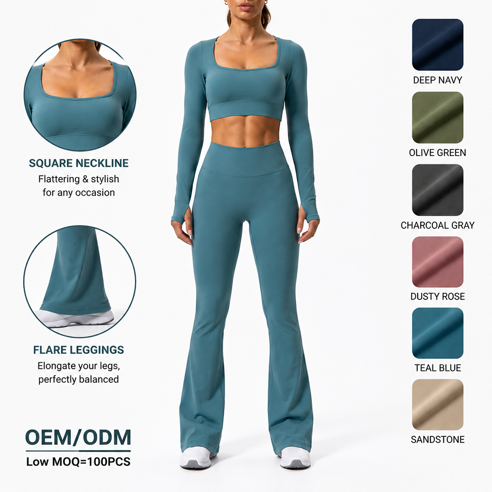 Yoga Set Women 2 Piece Long Sleeve Crop Top Flare Leggings Square Neck Elastic Waist High Waist Workout Outfit OEM ODM Custom