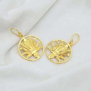 Trendy Lotus Flower <b>Dangle</b> <b>Earring</b> 18k <b>Gold</b> Plated Brass Flower <b>Dangle</b> <b>Earring</b> Vintage Ethnic Wholesale Drop <b>Earring</b> For Women - Product Image 4