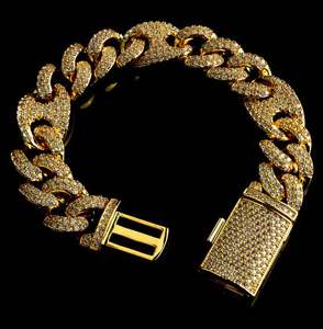 Pulsera y brazalete de moissanita de oro amarillo de 15MM, 2 filas de eslabones cubanos helados, Ideas para regalos de boda, pulsera de eslabones cubanos de diamantes - Product Image 1