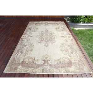 Alfombra Turca de 5,8x9,5 pies, Alfombra Vintage, Alfombra Blanca con Diseño Floral de Lana - Product Image 1