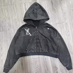 Strass de luxe surdimensionné personnalisé boxy 500gsm impression bouffante 3d coton éponge français sweat à capuche zippé vintage lavé en détresse - Product Image 2