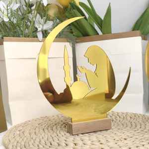 Adorno de Luna de Ramadán Kareem de Acrílico Dorado de Lujo, Caligrafía Árabe Hecha a Mano, Decoración de Mesa Eid Mubarak, Selección de Base de Madera - Product Image 3