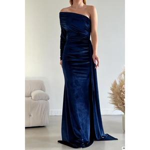 Collo asimmetrico manica singola tessuto Maxi modello pesce abito blu Navy - Product Image 4