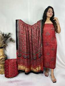 Tela estampada de bloque de mano Ajrakh de diseño indio tradicional de seda satinada Premium - Product Image 2