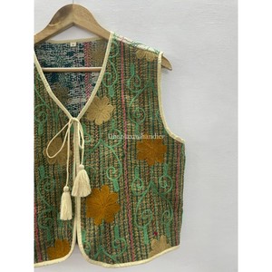 100% algodón Kantha chaleco-abrigo hecho a mano único Chaleco de invierno con bordado Floral chaleco Suzani tela sin mangas cintura-abrigo - Product Image 5