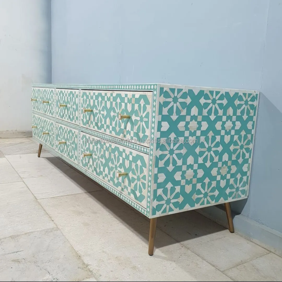 Encantar seu espaço com estampa marroquina de mesa longa de osso, design cativante e elegante, atemporal, feito pela United Trade World