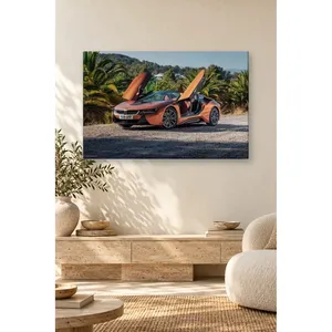 Impression sur toile Fida Orange BMW i8 avec portes ouvertes parmi les palmiers - Product Image 1