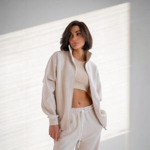 Ensemble de survêtement beige crème pour femme, veste à capuche zippée intégrale épaisse et pantalon de survêtement assorti à revers, ensemble deux pièces décontracté streetwear - Product Image 4