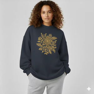Sweat-shirt à col montant surdimensionné pour femmes, imprimé, en coton mélangé doux, décontracté, pull d'automne et d'hiver avec décoration de badge et de paillettes - Product Image 1
