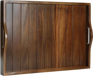 Grand plateau de service décoratif en bois d'acacia carré, élégant, avec poignées faites à la main, style rustique moderne pour une utilisation multifonctionnelle - Product Image 1