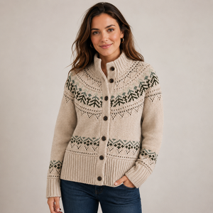 <span class=keywords><strong>Cardigan</strong></span> da Donna 100% Cotone, Maglione Stile Pescatore con Motivo Fair Isle, Collo Alto con Bottoni, Lavorazione Jacquard, Invernale, Color Crema, Abbigliamento Casual - Product Image 1