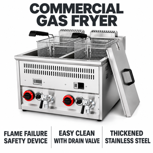Commerciële gasfriteuse dubbele tank 16L+16L LPG NG aanrechtmodel roestvrij staal dubbele mand friteuse temperatuurregeling vlambeveiliging - Product Image 1