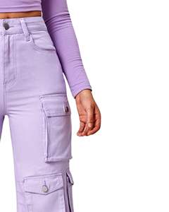 Pantalon cargo large en denim lavande pour femme, taille haute, avec plusieurs poches, style streetwear décontracté, fournisseur OEM - Product Image 2