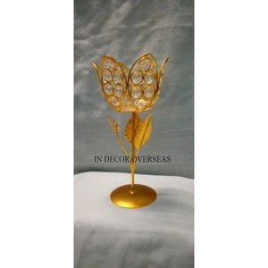 Support de base en métal plaqué or de concepteur de feuilles de regard accrocheur pour le bougeoir et le votif de concepteur de fleurs perlées en cristal - Product Image 1