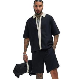 Camisa y pantalones cortos con cuello plegable y cremallera directa de fábrica, conjunto de 2 piezas para hombre, conjunto doble sólido informal de calidad superior - Product Image 1