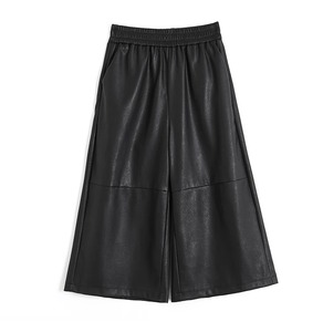 Pantalones de cuero PU hasta la pantorrilla Vintage para mujer 2024 Otoño Invierno nuevos pantalones casuales elásticos de pierna ancha con bolsillo de lona negra - Product Image 5