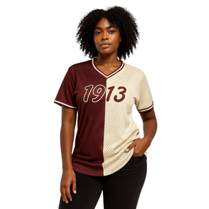 DST Demi et Demi Pull Baseball Jersey 100% Polyester Mesh Delta Sorority Apparel V Neck TShirt Maroon Embroidered Applique - Product Image 1