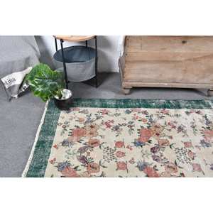 Vintage 4.5ft X 8.1ft Vert Beige Turc Laine Tapis Classique Grande Surface Rectangle Patchwork Motif pour Adolescents Latex Soutenu - Product Image 5