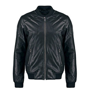 Chaqueta bomber de cuero de piel de oveja negra sólida de moda clásica para hombre con dos bolsillos interiores de invierno - Product Image 1
