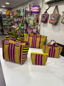 Premium Quality Eco-Friendly Recycled <b>Nylon</b> Striped Reusable Tote <b>Bag</b> Pouch Ribbon Handle Zipper Closure <b>Shoulder</b> <b>Bags</b> Set-Bulk - Product Image 5