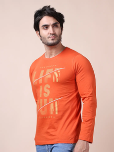 T-shirt 100% coton de haute qualité Orange avec manches longues et col rond Impression à la mode confortable Vêtements décontractés polyvalents - Product Image 4