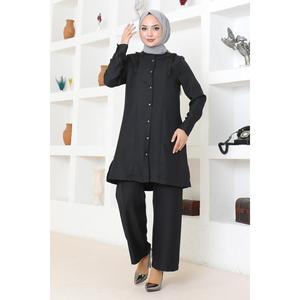 MSW19224-1 Ensemble décontracté noir 2 pièces avec détail volanté, haut asymétrique à col rond en polyester et jupe mi-longue en mousseline – Tenue d'été - Product Image 3