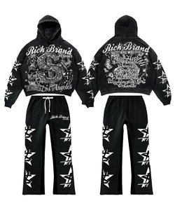 Custom Rhinestone Hoodie Men Oversized Cropped Acid Wash Pullover Distressed Vintage Sweatpants and Hoodie Set - Product Image 2