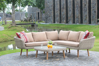 Ensemble de canapés de jardin/intérieur en polyrotin gris et blanc, mobilier d'extérieur moderne, coussins en tissu imperméable, 1 table à manger rectangulaire avec plateau en verre