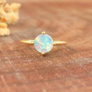 Round White Rainbow Fire Opal Ring Statement October <b>Birthstone</b> Minimalist Ethiopian Opal 925 Sterling Silver 14K Gold Plated - Product Image 6