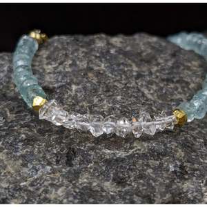 Quartz Diamond Pearl Beaded <b>Bracelet</b> with Aquamarine & Herkimer <b>Gemstones</b> Gold Plated Religious Cross Design Gift - Product Image 4