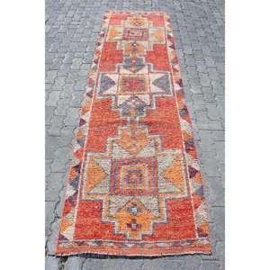 Turkish Herki <b>Runner</b> Rug 3x9.9 ft (90x302 cm), Vintage <b>Red</b> Polka dot Wool Rug - Product Image 1