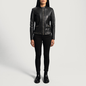 2025 dames hiver cuir d'agneau veste complet noir coupe ajustée Style court respirant Racer Stand réel plaine teint femmes - Product Image 2