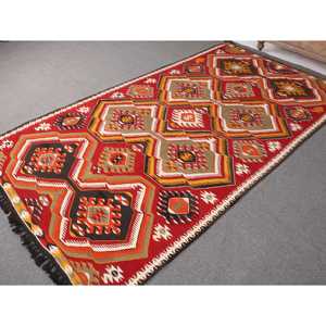 Turkish Kilim Large Rug 5.2x9.5 ft (160x291 cm), Vintage <b>Red</b> Animal Print <b>Wool</b> Rug - Product Image 2
