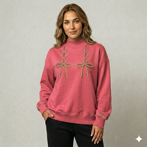 Women's Red Oversized Mock Neck Double Lace Up Bow Sweatshirt <b>Drop</b> Shoulder Long Sleeve Casual Fleece Pullover Loose Fit - Product Image 5