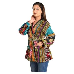 Wholesale Boho Casual Style Women's Jacket Vintage Cotton Reversible <b>Coat</b> with Recycled Woven Fabric Women's Outerwear - Product Image 3