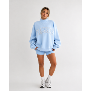 Custom <b>Women</b> Light <b>Blue</b> Oversized Hooded Sweatshirt Heavyweight <b>Fleece</b> Applique Trackstar OEM Private Label - Product Image 1