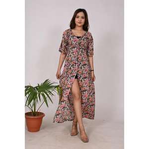 ชุดเดรสยาวของผู้หญิงชุดเดรสผ้าคอตตอนอินเดียซักได้พิมพ์ลายดอกไม้ชุดปาร์ตี้หรูหรา - Product Image 1