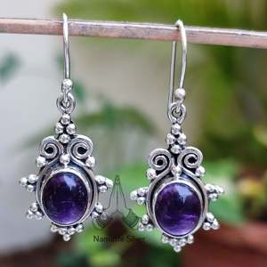 925 <b>Sterling</b> <b>Silver</b> <b>Dangle</b> <b>Earrings</b> Natural Amethyst Oval Gemstone Handmade Flower Pattern Jewelry February Birthstone Amethyst - Product Image 1