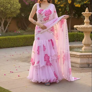 ผ้าซารีสำเร็จรูปเนื้อผ้าจอร์เจตต์เทียมลายพิมพ์ดิจิทัล ตกแต่งระบาย พร้อมผ้าคลุมไหล่สำหรับงานปาร์ตี้สมัยใหม่ - Product Image 1