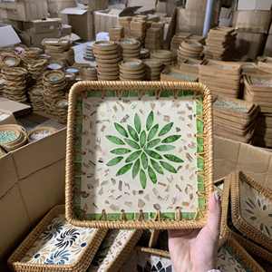 <b>Mother</b> of Pearl Rattan Serving Tray, <b>Mothers</b> <b>Day</b> <b>Gift</b>, Desk Organizer, <b>Gifts</b> for Her, Housewarming <b>Gift</b> with Minimalist Pattern - Product Image 1