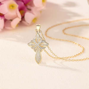 Collana con Pendente a Croce in Oro 14K e Oro Bianco 14K con Catena a Maglie, Pietra Principale in Diamante, Materiale Ottone, Regalo - Product Image 6