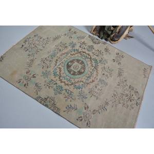 Alfombra de lana azul Beige tradicional clásica de 4,2x5,9 pies, patrón de pasillo rectangular turco Vintage, técnica de tejido plano, látex con respaldo - Product Image 4