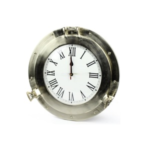 <b>Brushed</b> Nickel Aluminum Metal Roman Porthole Clock | Nautical Navy Decor Gifts (12 Inches) - Product Image 1