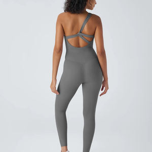 Combinaison de sport une pièce personnalisée pour femme, dos nu, respirante, à une bretelle, effet froncé, pour la gym, le fitness et le yoga - Product Image 3