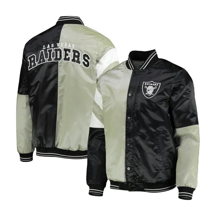 Erkekler marş siyah Las Vegas Raider lider Varsity saten ceket tam yapış bombacı ceketler Logo