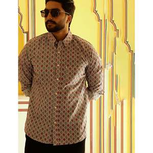 Chemise décontractée 100 % coton gris imprimé à manches longues en popeline, style smart casual, col mandarin, taille XL – Respirante et au design tendance - Product Image 1