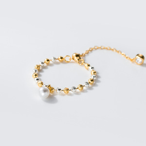 Anillo de cuentas de plata dorada de dos tonos perla, joyería ajustable para mujer, plata 925 - Product Image 2