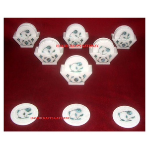 Round Shape and Beautiful Handmade Flower Inlaid Design Pure White Marble Tea <b>Coaster</b> <b>Set</b> for Kitchen and Restaurant Purpose - Product Image 1