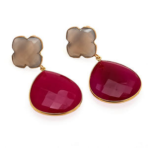 Pendientes de plata de ley 925 con forma de pera y trébol, piedra preciosa, calcedonia, color fucsia, gris, novedad - Product Image 1